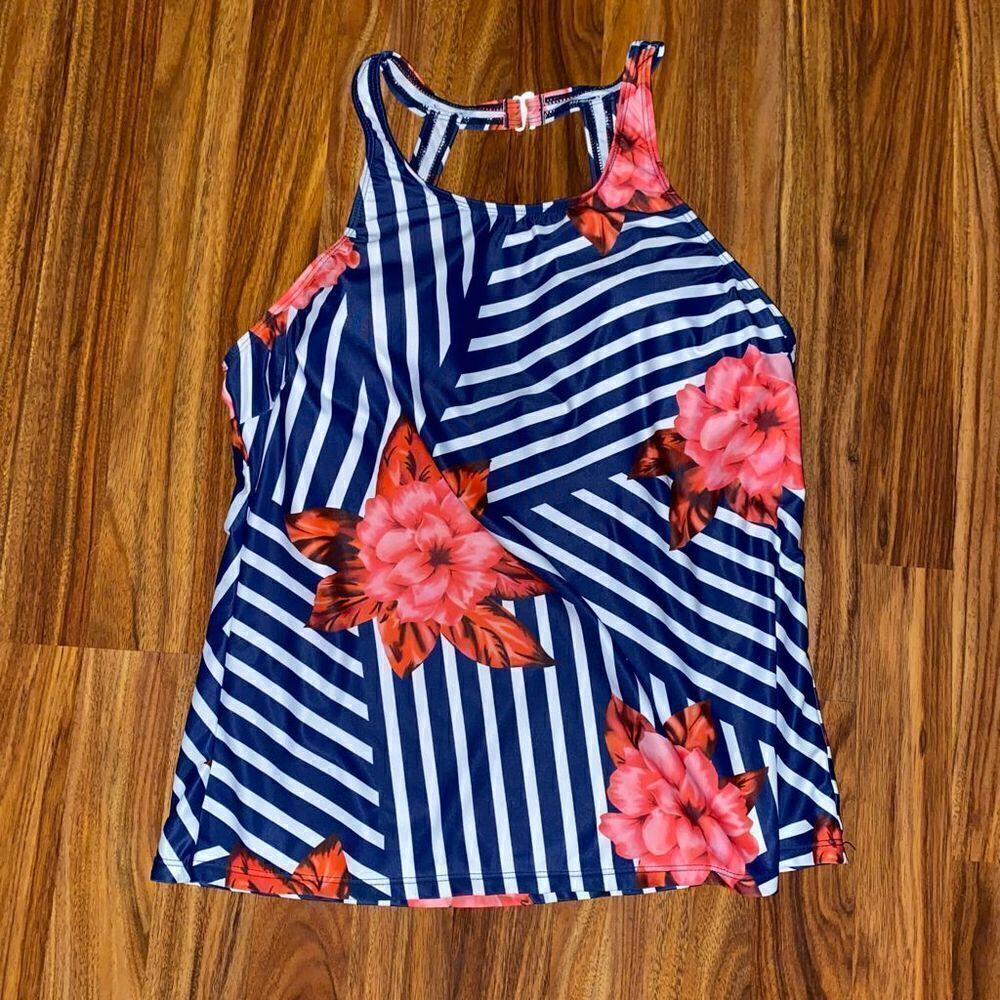 Tankini Padded Swim Suit Top Blue White and Pink Floral Womens Size Large